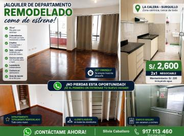 Departamento de 3 habitaciones, Lima · Alquiler de Departamento Totalmente Remodelado, 3 Dorm, 2 Baños, 1 Cochera