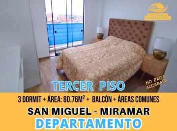 Departamento de 3 habitaciones, Lima · San Miguel - Dpto de 3 Dormit + Balcón Exterior + Áreas Comunes (Tercer Piso) No Paga Alcabala