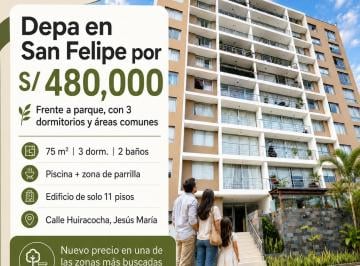 Departamento de 3 habitaciones, Lima · !oportunidad en San Felipe: Depa de 75 m² a Precio de Mercado 480,000