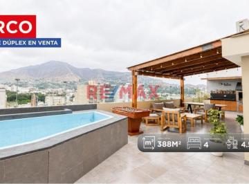 Departamento · 298m² · 4 Dormitorios · 4 Estacionamientos · Penthouse Dúplex en Venta en Surco con Terraza, Jacuzzi y 4 Cocheras