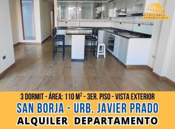 Departamento de 3 habitaciones, Lima · Alquiler San Borja - Dpto de 3 Dormit, Cocina Equipada, 1 Depósito, Área: 110 m² - Urb. Javier Prado