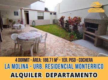 Departamento de 4 habitaciones, Lima · Alquiler La Molina - Dpto 1er. Piso de 4 Dormit C/terraza, Jardín y Parrilla - Urb. Resid. Monterrico