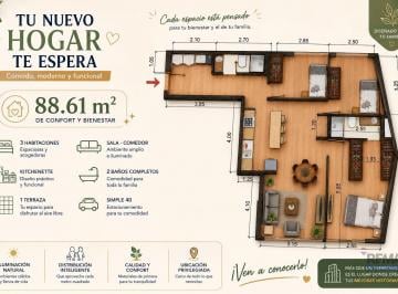 Departamento · 88m² · 3 Dormitorios · 1 Estacionamiento · Preventa en Casuarinas Sur | 3 Dorm. | Terraza | Cochera | Inversión con Alta Valorización