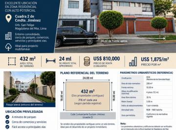 Casa de 3 habitaciones, Lima · Terreno en Venta 432 m² – 24 m de Frente – Magdalena del Mar