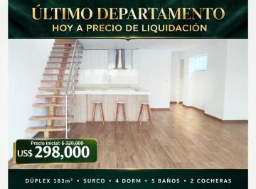 Departamento de 4 habitaciones, Lima · ¡Liquidación Hoy! Último Dúplex 183 m² + Terraza - Santiago de Surco - $298,000