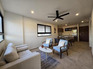 Sala, Comedor y Cocina · Departamento en Venta en Galerías Apartment, Mérida