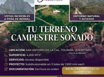 Terreno / Lote · 4500m² · Terreno con Vista Panorámica a La Peña de Bernal, Sup. 4,500 m² (Escriturado)