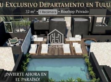 Departamento · 32m² · 1 Recámara · Estudio en Venta en La Veleta Tulum con Gym, Jacuzzi y Asadores