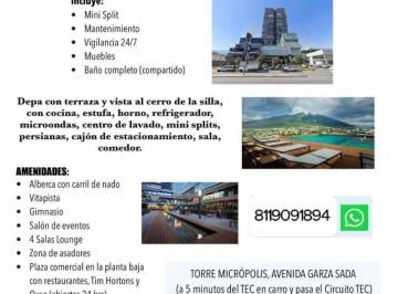Departamento de 1 habitación, Monterrey · Renta de Recámara en Zona Tec (Torre Micropolis) Monterrey, N. L