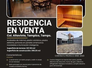 Casa · 399m² · 3 Recámaras · 3 Estacionamientos · Residencia en Venta en Col. Altavista, Tampico, Tamaulipas