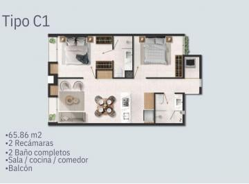 Departamento · 66m² · 2 Recámaras · 1 Estacionamiento · Departamento en Venta Arcos Vallarta Mod. 803