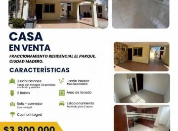 Casa · 186m² · 3 Recámaras · 2 Estacionamientos · Casa en Venta en Residencial El Parque, Ciudad Madero, Tamaulipas