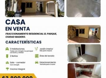 Casa · 186m² · 3 Recámaras · 2 Estacionamientos · Casa en Venta en Residencial El Parque, Ciudad Madero, Tamaulipas
