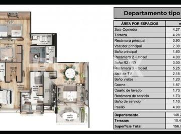 Departamento · 157m² · 3 Recámaras · Departamento en Bosque Real - (4)