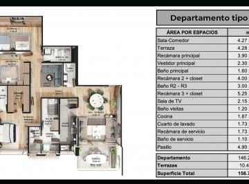 Departamento · 157m² · 3 Recámaras · Departamento en Bosque Real - (4)