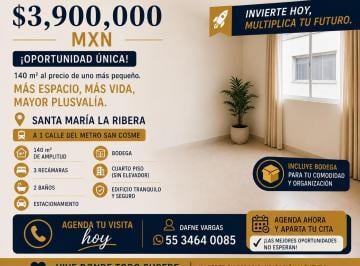 Departamento de 3 habitaciones, Cuauhtémoc · Departamento en Venta Santa María La Ribera 3 Recámaras