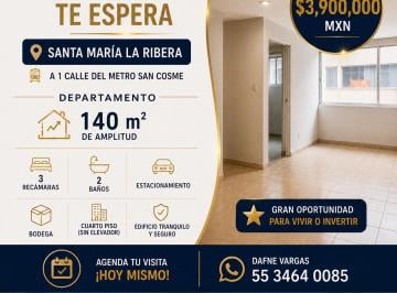 Departamento de 3 habitaciones, Cuauhtémoc · Departamento en Venta Santa María La Ribera 3 Recámaras
