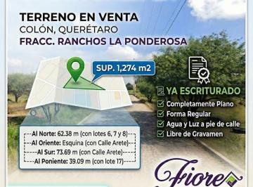 Terreno / Lote · 1274m² · Terreno en Venta Colón, Queretaro, Fracc. Ranchos La Ponderosa Sup. 1,274 m (Escriturado)