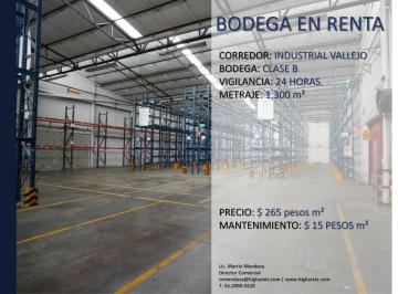 Bodega comercial , Azcapotzalco · Bodega en Renta Industrial Vallejo
