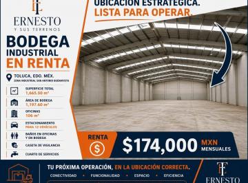 Bodega comercial Renta MN 174,000 · Bodega en Renta en Zona Industrial de San Antonio Buenavista, Toluca