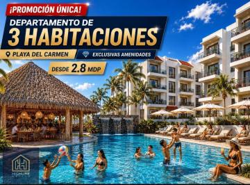 Departamento · 101m² · 3 Recámaras · 2 Estacionamientos · Departamento en Venta de 3 Dorm. con Amenidades en Playa del Carmen