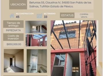 Casa , Tultitlán · Casa en Venta en Tultitlán en Privada, 2 Recámaras $850 Mil