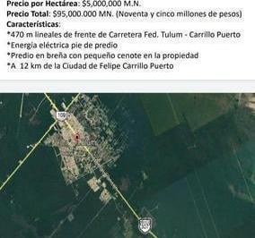 Terreno / Lote · 100000ha · 1 Recámara · 1 Estacionamiento · 19 Ha Sobre Carretera Federal Tulum - Carrillo Puerto.
