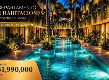 Departamento · 60m² · 2 Recámaras · 1 Estacionamiento · Departamento 2 Habitaciones en Venta en Tulum con Fire Pit y Alberca Zona Comercial Alta Plusvalía