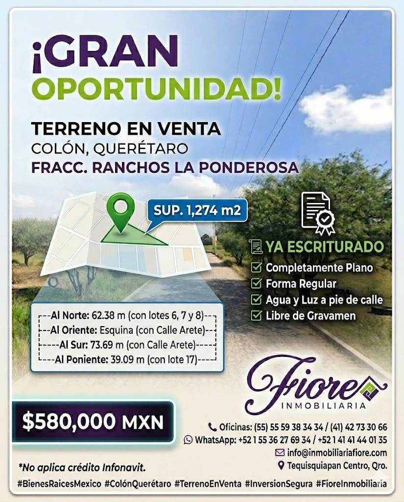Terreno en Venta Colón, Queretaro, Fracc. Ranchos La Ponderosa Sup. 1,274 m (Escriturado)