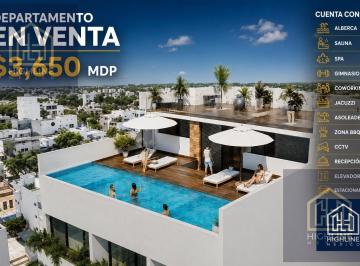 Departamento · 56m² · 2 Recámaras · 1 Estacionamiento · Departamento en Venta en Playa del Carmen de 2 y 3 Recamaras con Roof Top, Alberca, Elevador