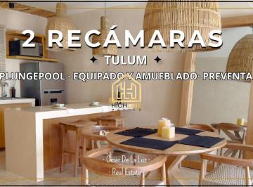 Departamento · 91m² · 2 Recámaras · 1 Estacionamiento · Departamento de 2 Recámaras con Plungepool y Terraza. Amueblado y Equipado. Tulum. Preventa.