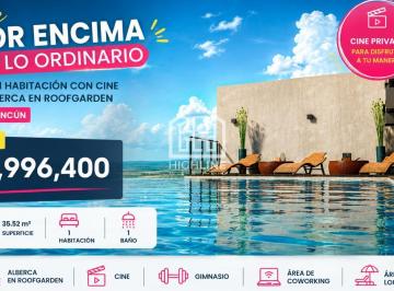 Departamento · 35m² · 1 Recámara · Loft 1 Habitación en Venta en Cancún con Cine Privado, Sauna y Rooftop con Alberca Panorámica