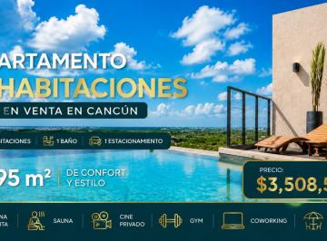 Departamento · 66m² · 2 Recámaras · 1 Estacionamiento · Departamento 2 Habitaciones en Venta en Cancún con Roofgarden, Sauna y Piscina Infinita
