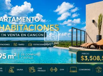 Departamento · 66m² · 2 Recámaras · 1 Estacionamiento · Departamento 2 Habitaciones en Venta en Cancún con Roofgarden, Sauna y Piscina Infinita