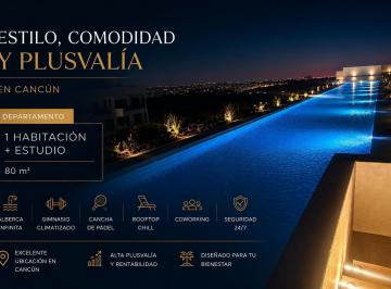 Departamento · 80m² · 1 Recámara · 1 Estacionamiento · Departamento 1 Habitación en Venta en Cancún con Rooftop, Alberca Infinita y Cancha de Pádel