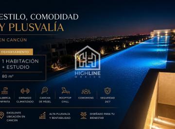 Departamento · 80m² · 1 Recámara · 1 Estacionamiento · Departamento 1 Habitación en Venta en Cancún con Rooftop, Alberca Infinita y Cancha de Pádel