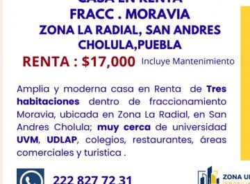 Casa de 3 habitaciones, San Andrés Cholula · Casa en Renta Fracc. Moravia, Zona La Radial, San Andres Cholula, Puebla
