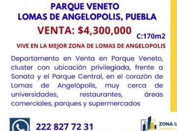 Departamento de 3 habitaciones, San Andrés Cholula · Departamento en Venta, Parque Veneto Lomas de Angelopolis I, Puebla