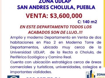 Departamento de 2 habitaciones, San Andrés Cholula · Departamento en Venta, Muy Cerca de La Udlap, San Andres Cholula Puebla