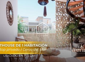 Departamento · 44m² · 1 Recámara · 1 Estacionamiento · Penthouse de 1 Habitación en Venta en Tulum a Poca Distancia de La Playa | Alberca y Rooftop Privado