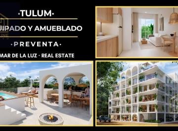 Departamento · 35ha · 1 Recámara · 1 Estacionamiento · Departamento de 1 Recámara con Balcón Equipado y Amueblado en Tulum. Rooftop, Alberca, Gym. Preventa
