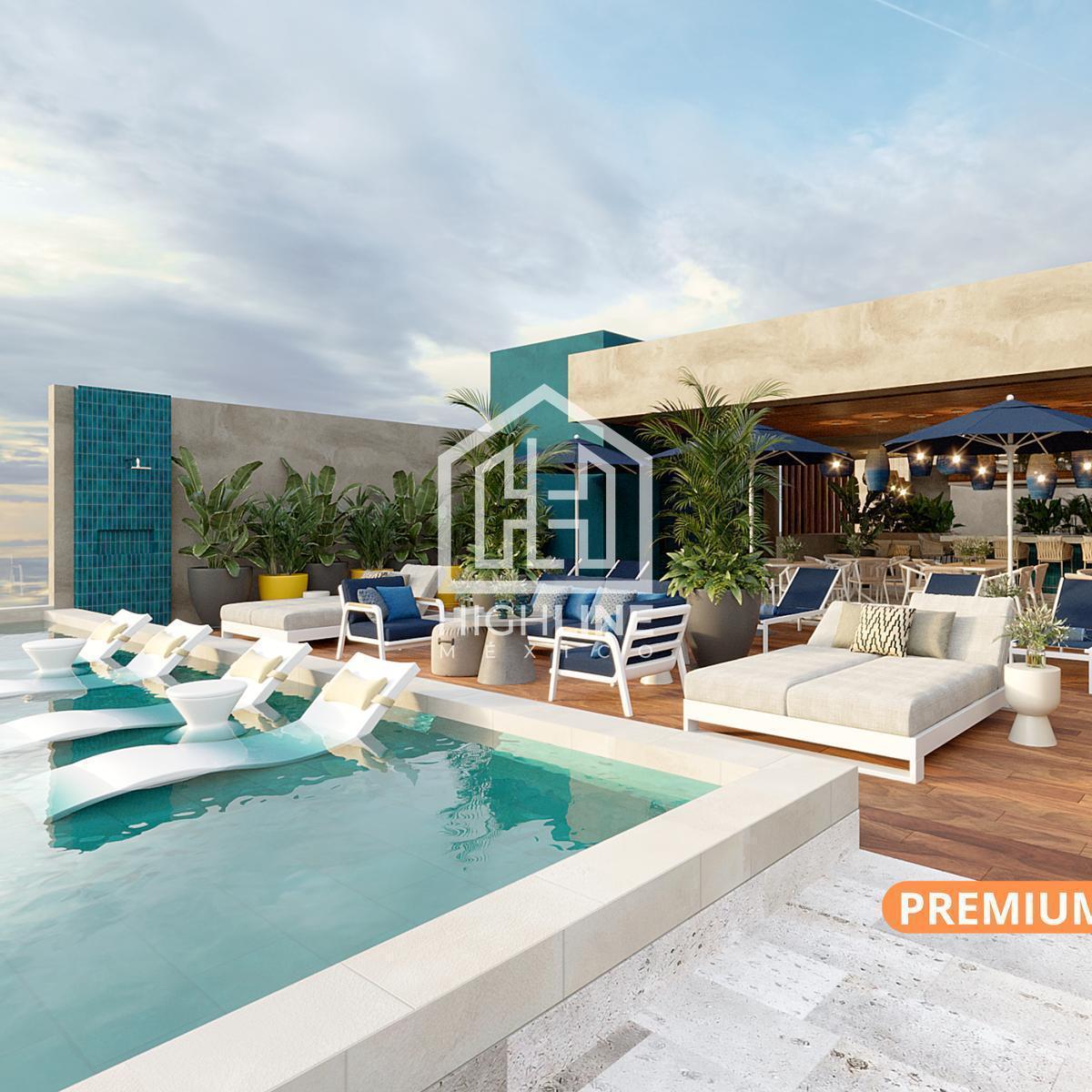 Studio Apartment with Balcony for Sale in Playa del Carmen. Swimming Pool, Gym, Jacuzzi.