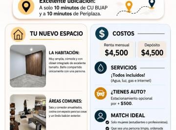 Departamento compartido de 3 habitaciones, Puebla · Renta Habitación Amplia