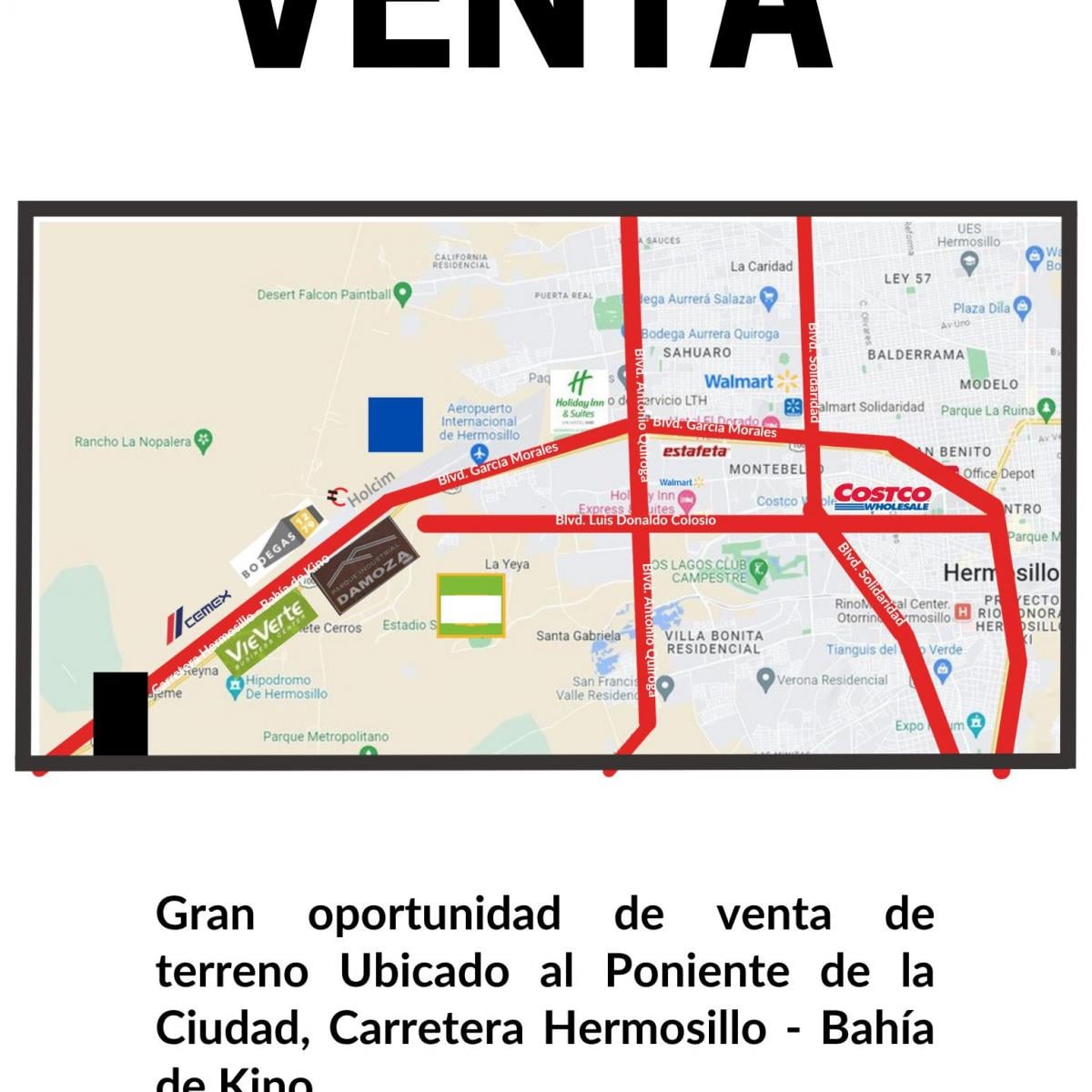 Terreno Industrial en Venta de 22.2 Has Sobre La Carretera a Bahia de Kino en Hermosillo, Sonora.
