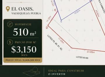 Terreno / Lote , Puebla · Terreno de 510 m² en Venta en El Oasis, Valsequillo.