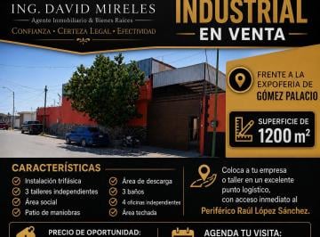 Bodega comercial de 4 habitaciones, Gómez Palacio · Taller Industrial en Venta
