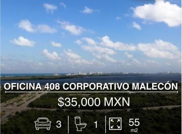 Oficina · 55m² · 3 Estacionamientos · Oficina 408 en Renta de 55 m² en Corporativo Malecón, Cancún