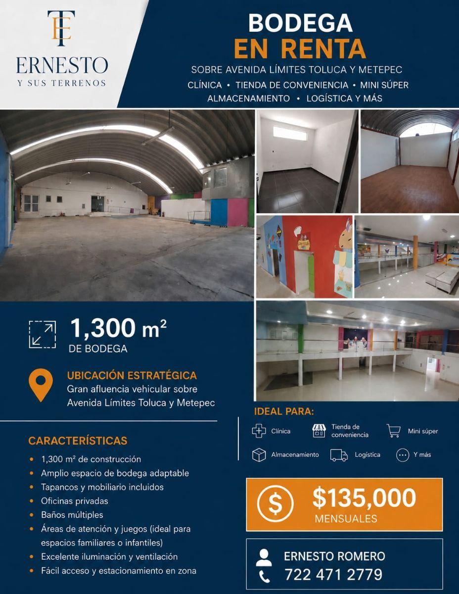 Commercial Warehouse for Rent, 1300 m&sup2;, in Toluca and Metepec