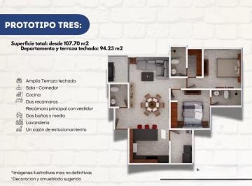 N/A · Departamento Prototipo Tres, 94.23 m², 2 Recamaras, 2.5 Baños y Terraza