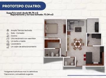 N/A · Departamento Prototipo Cuatro, 73.24 m², 1 Recamaras, 1.5 Baños y Terraza